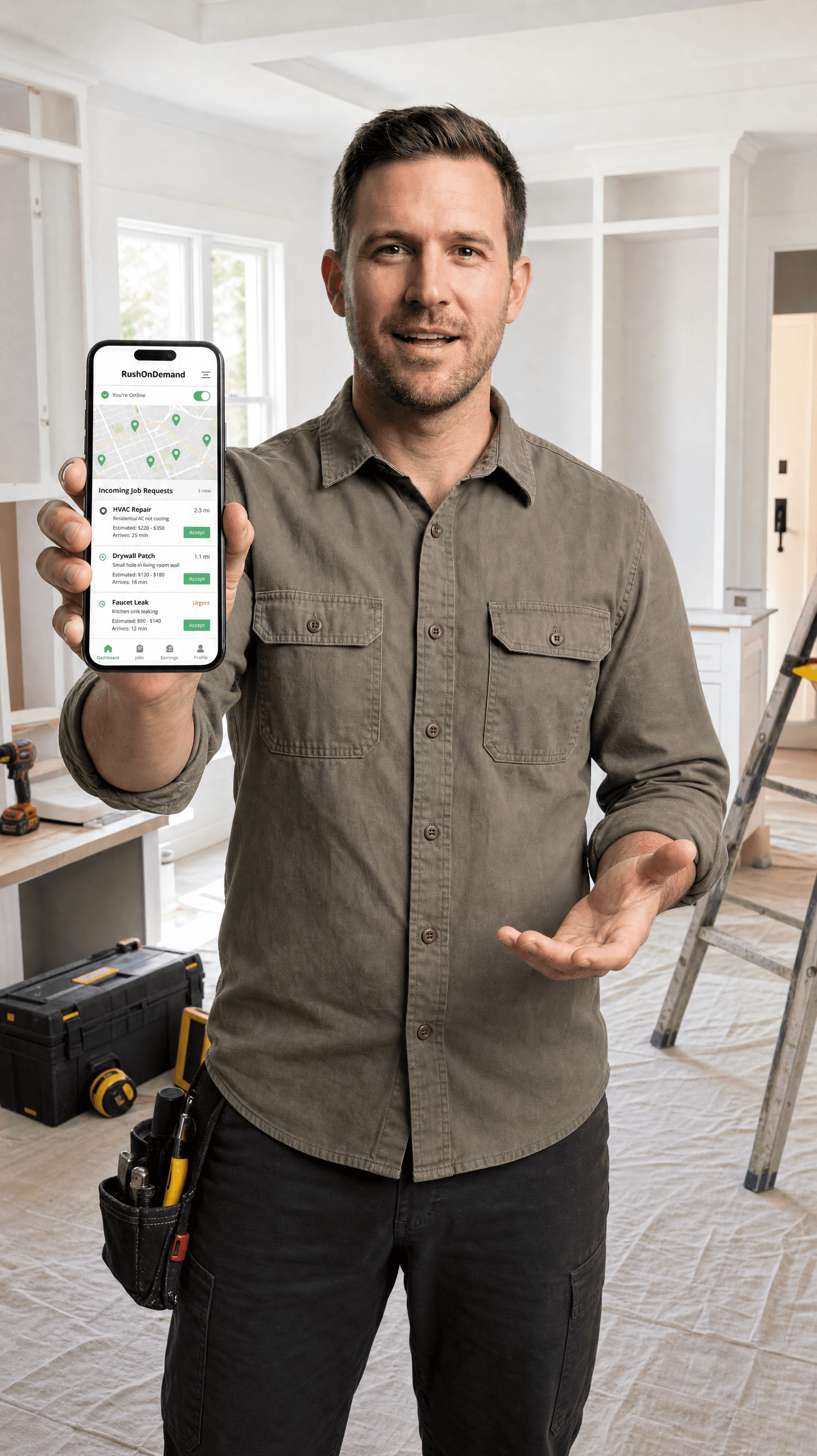 Provider viewing incoming job requests on the Rush OnDemand app — no bidding, just direct matches