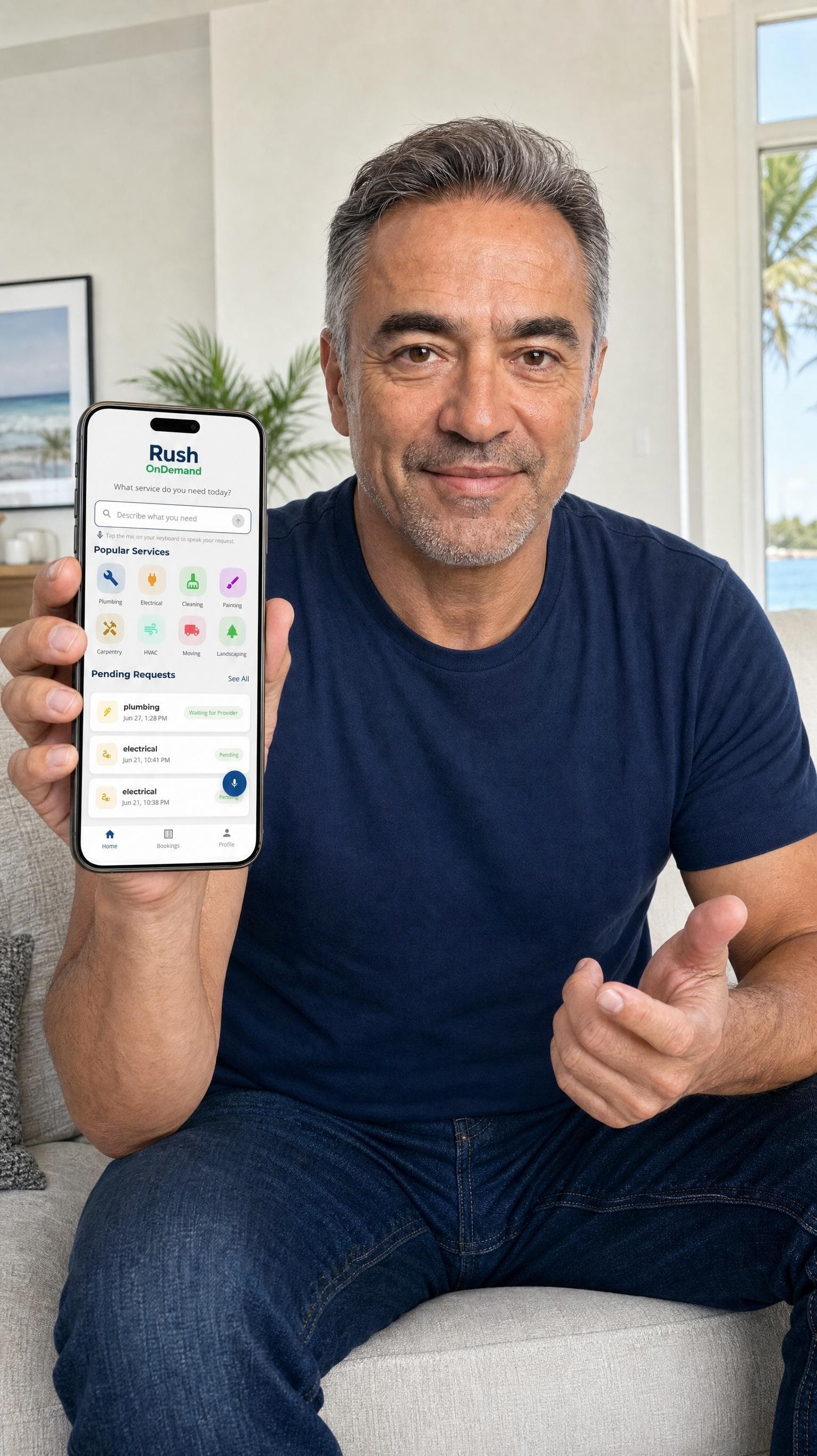 Rush OnDemand homeowner app showing home service booking